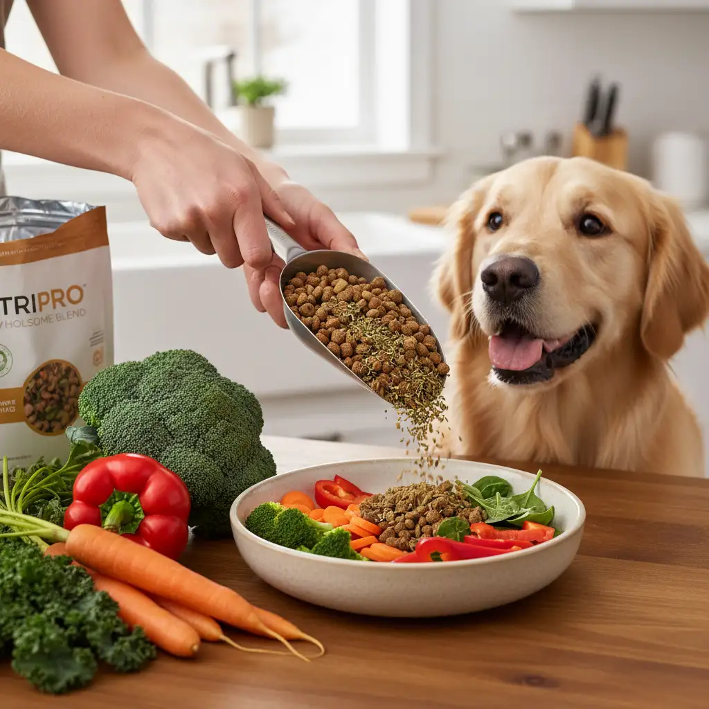 Person preparing healthy pet food, focusing on nutrition