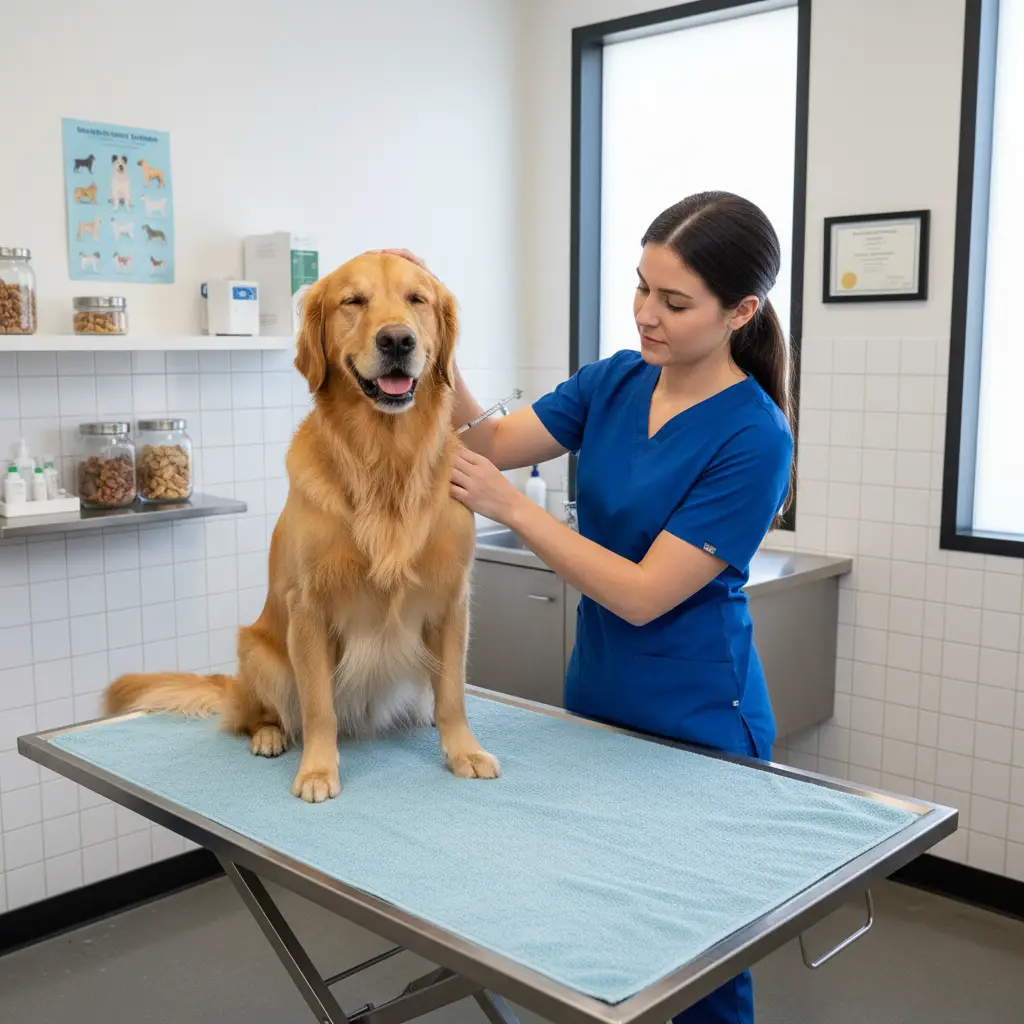 Veterinarian administering a vaccine to a Golden Retriever in a New Zealand clinic