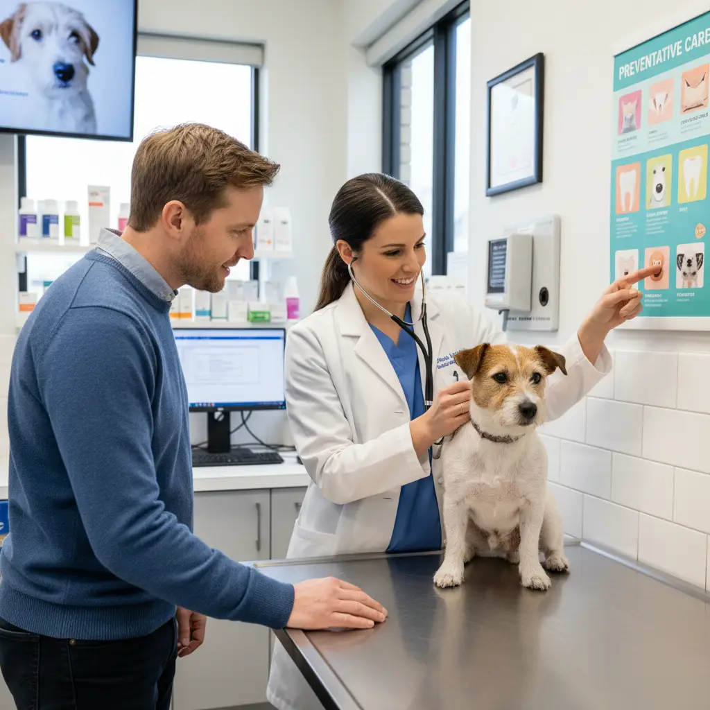 Veterinarian performing a health check on a terrier, discussing preventative care with owner