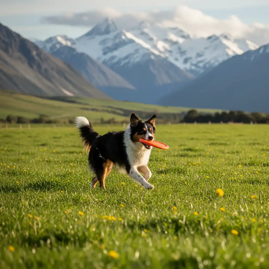 High energy working dog running in a New Zealand field