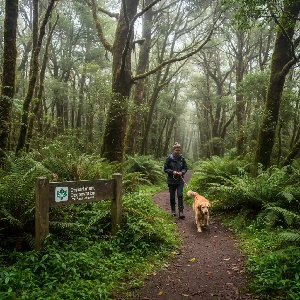 Dog walking on a leash in NZ bush near DOC sign