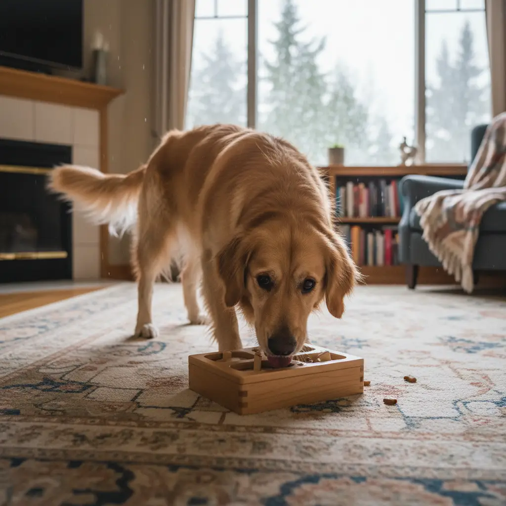 Dog using a puzzle feeder toy indoors