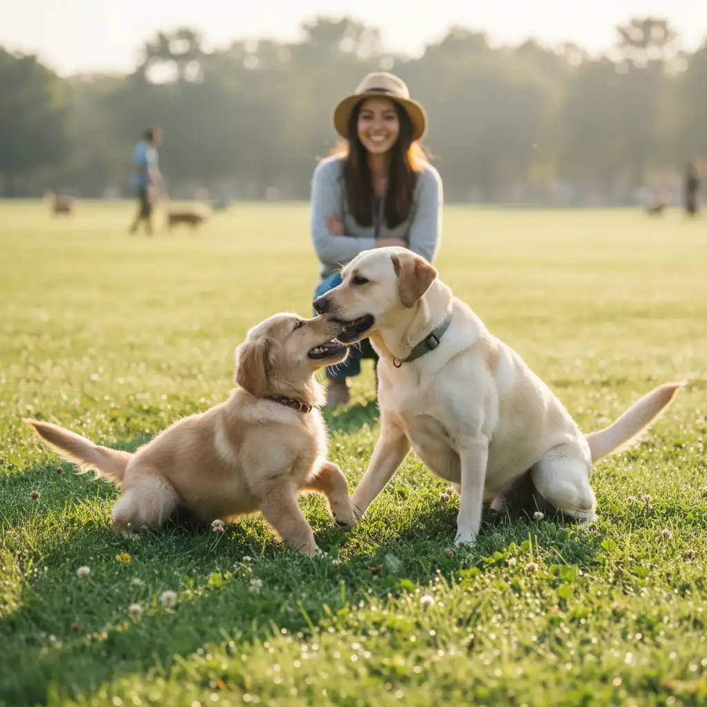 Happy puppy safely socializing with an older dog in a park