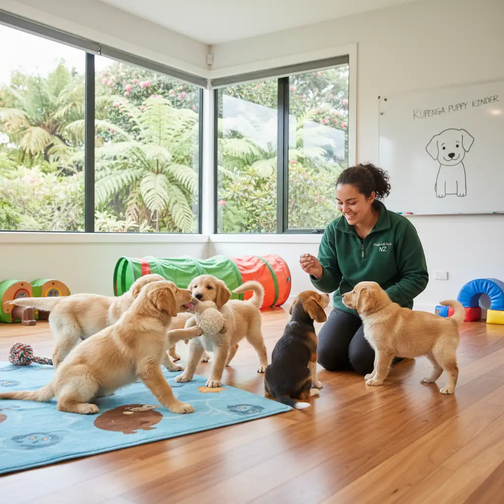 Puppies in a New Zealand puppy preschool class with a trainer
