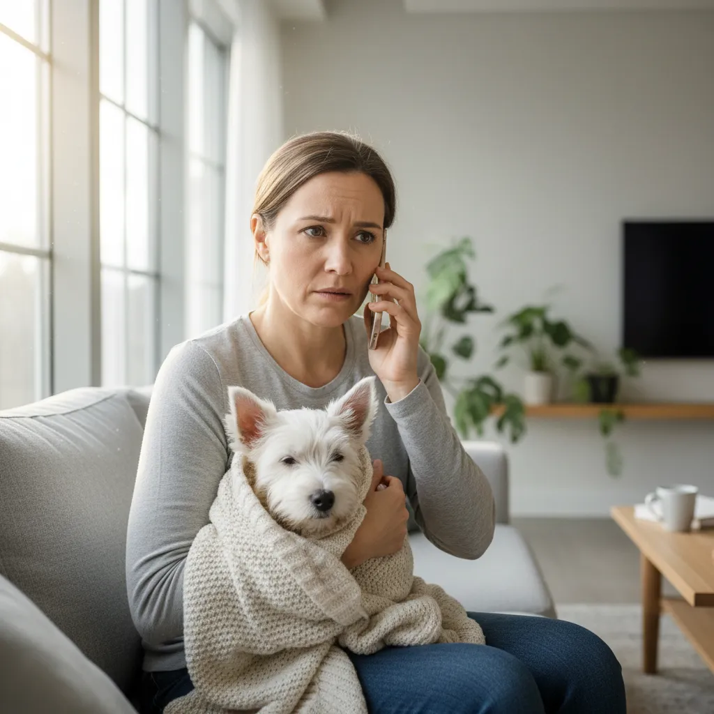 Pet owner showing concern for their pet during an emergency call