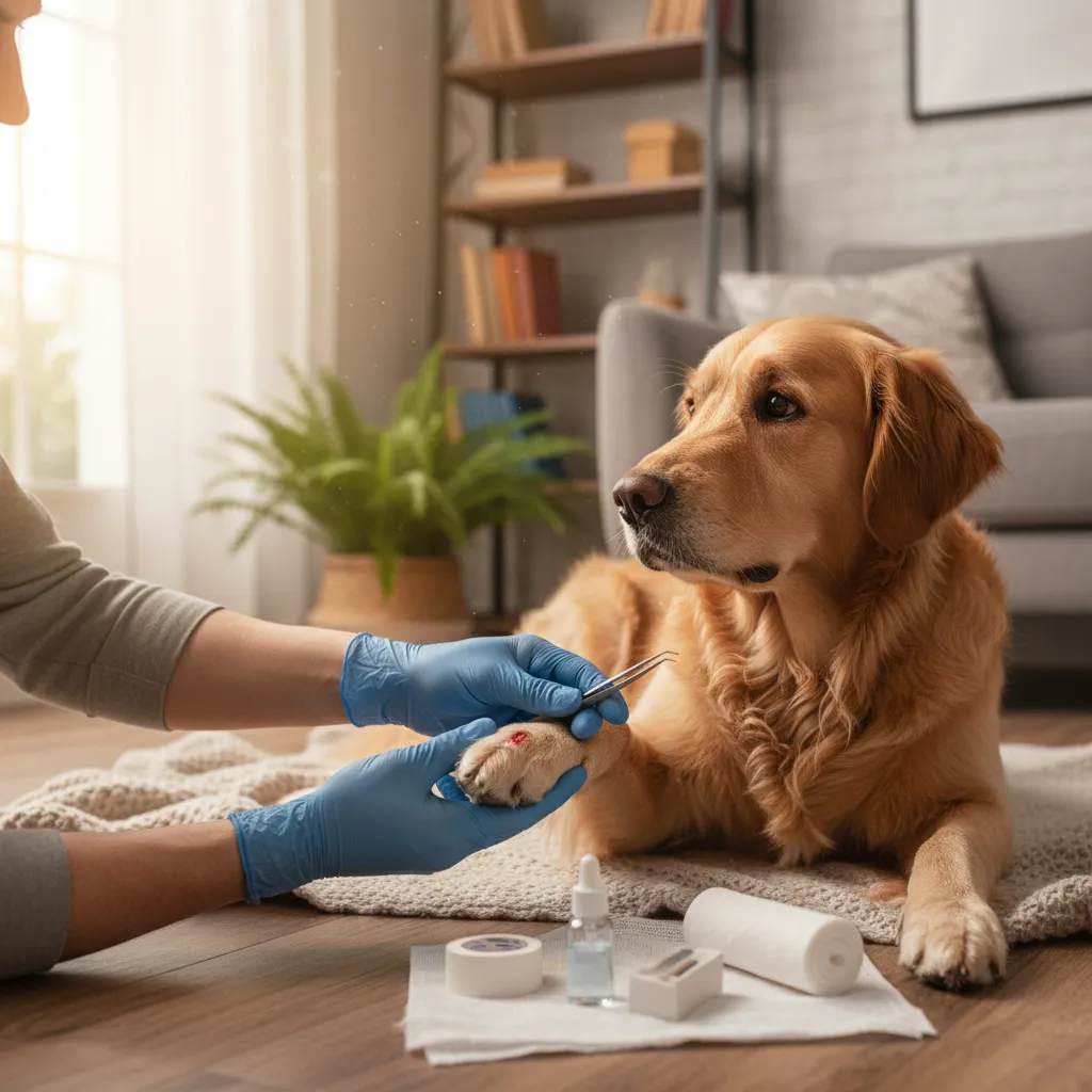 Owner performing basic first aid check on a dog's paw