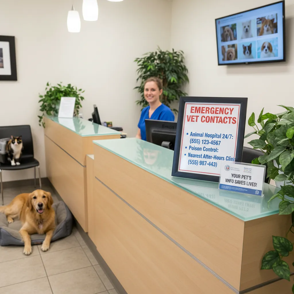 Emergency contact information displayed at a vet clinic