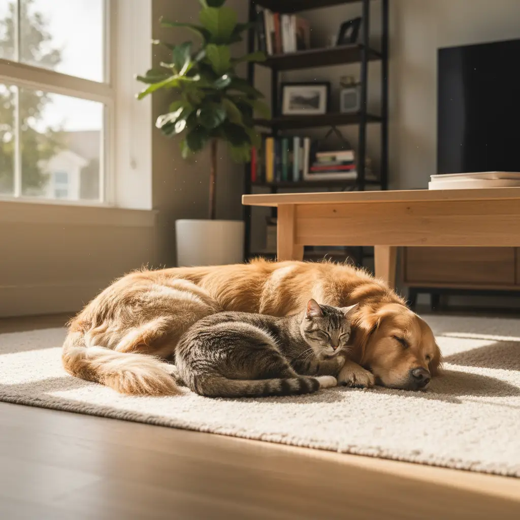 Healthy dog and cat resting normally