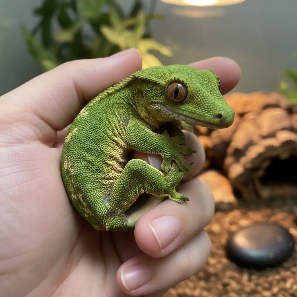 Person holding a vibrant green gecko