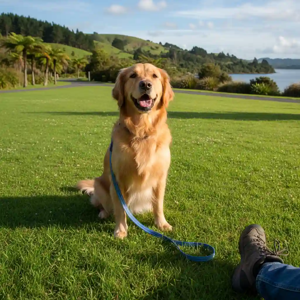 A Golden Retriever sitting obediently by its owner's feet in a park