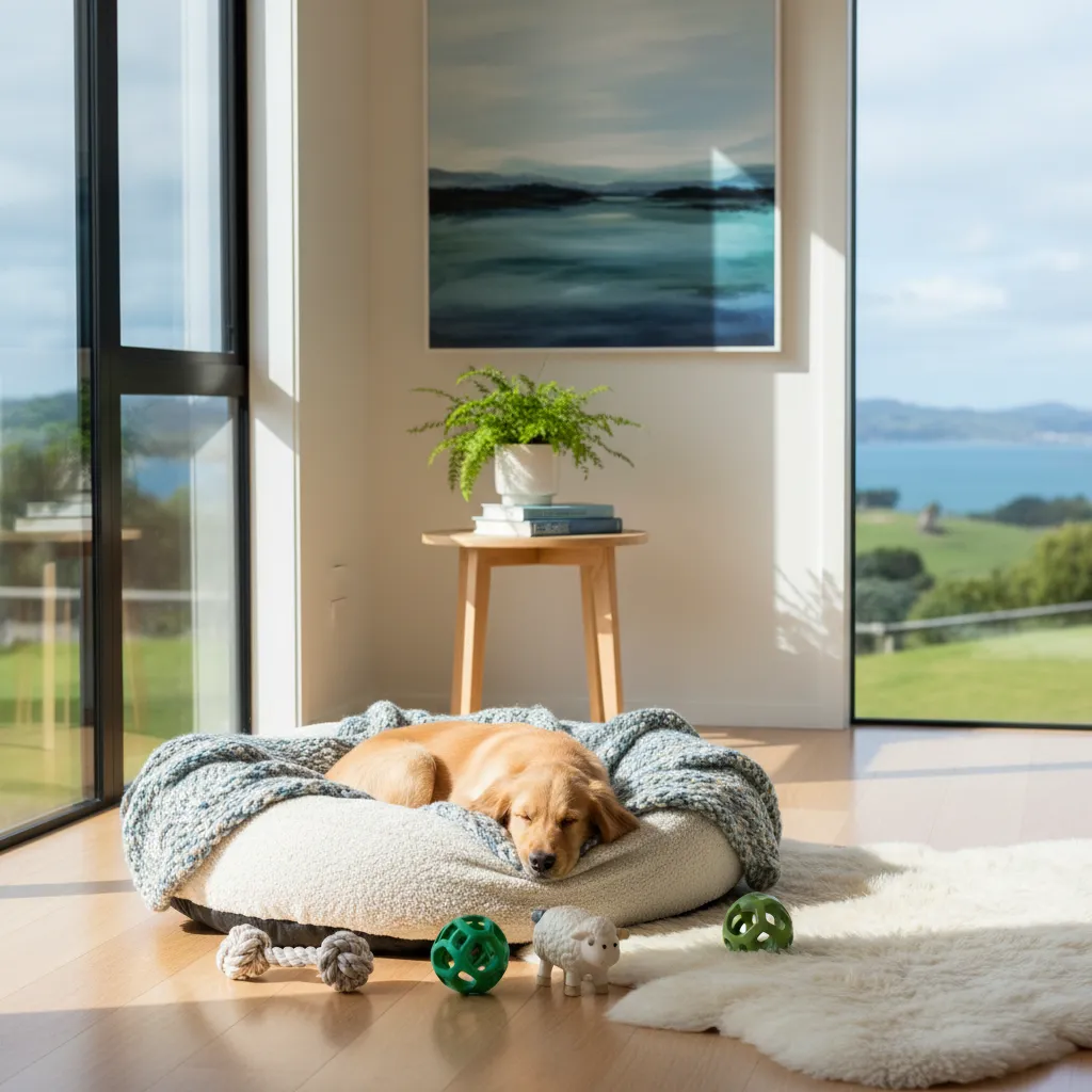 A comfortable dog bed with toys in a safe corner of a room