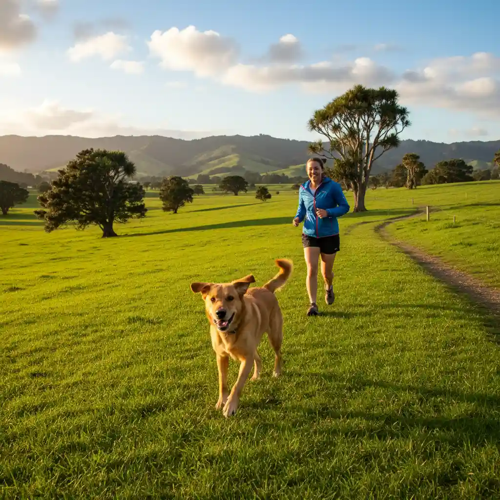 Dog running happily off-leash in a New Zealand park