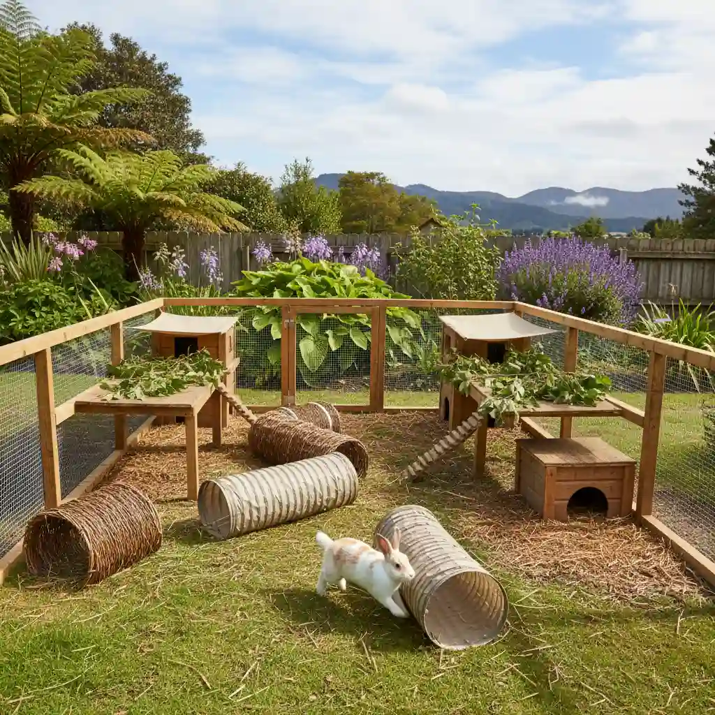 Happy rabbits enjoying an enriched outdoor run in New Zealand