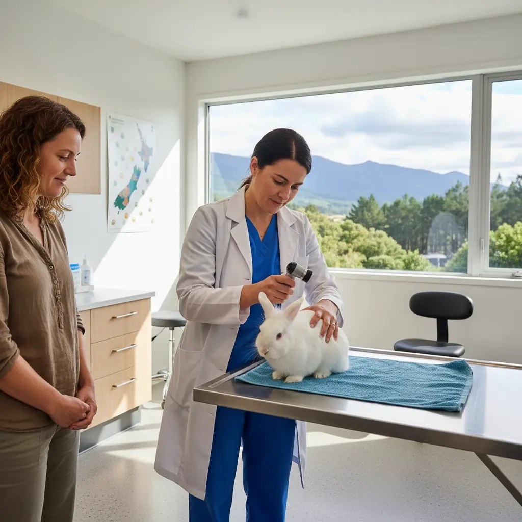 Veterinarian performing a health check on a rabbit in New Zealand