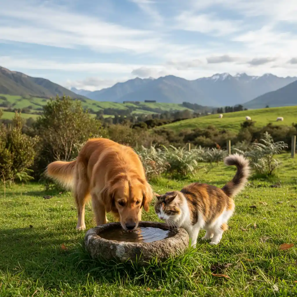A dog and cat drinking water together, symbolizing healthy hydration for pets.