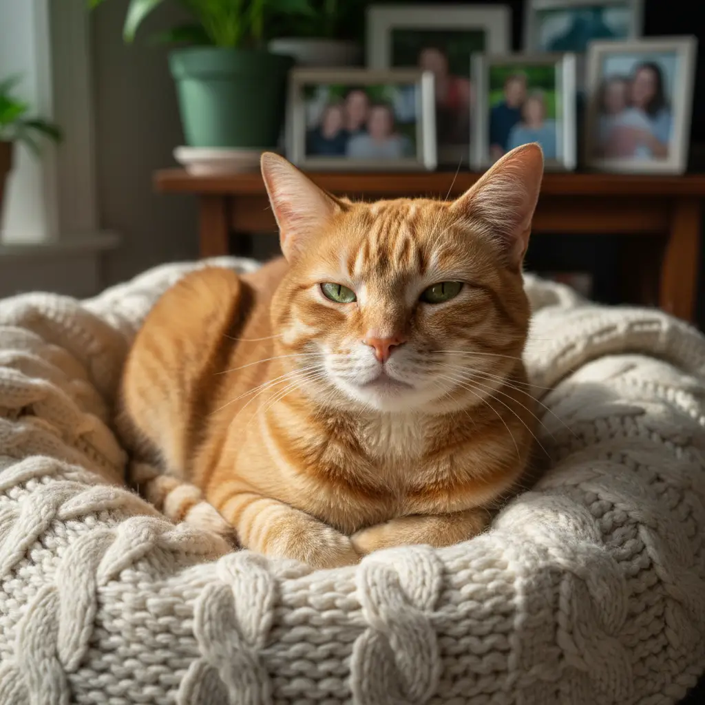 A senior cat resting peacefully, symbolizing healthy aging in pets.