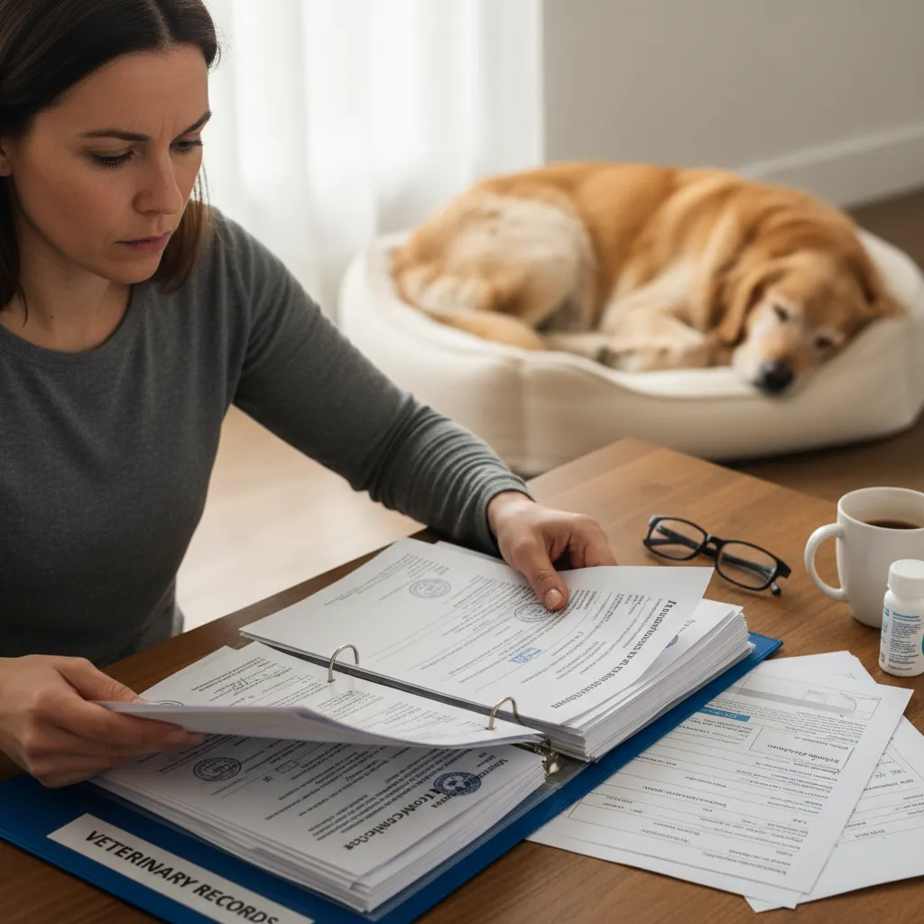 Pet owner organizing veterinary records for urgent rehoming