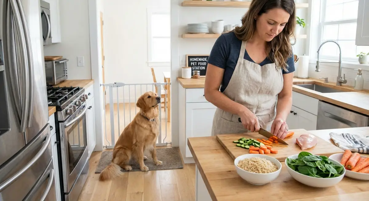 A person preparing healthy, fresh ingredients for a pet meal in a clean kitchen.