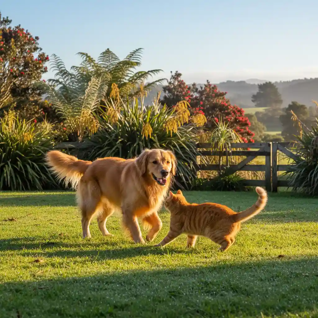 Happy dog and cat in a New Zealand garden