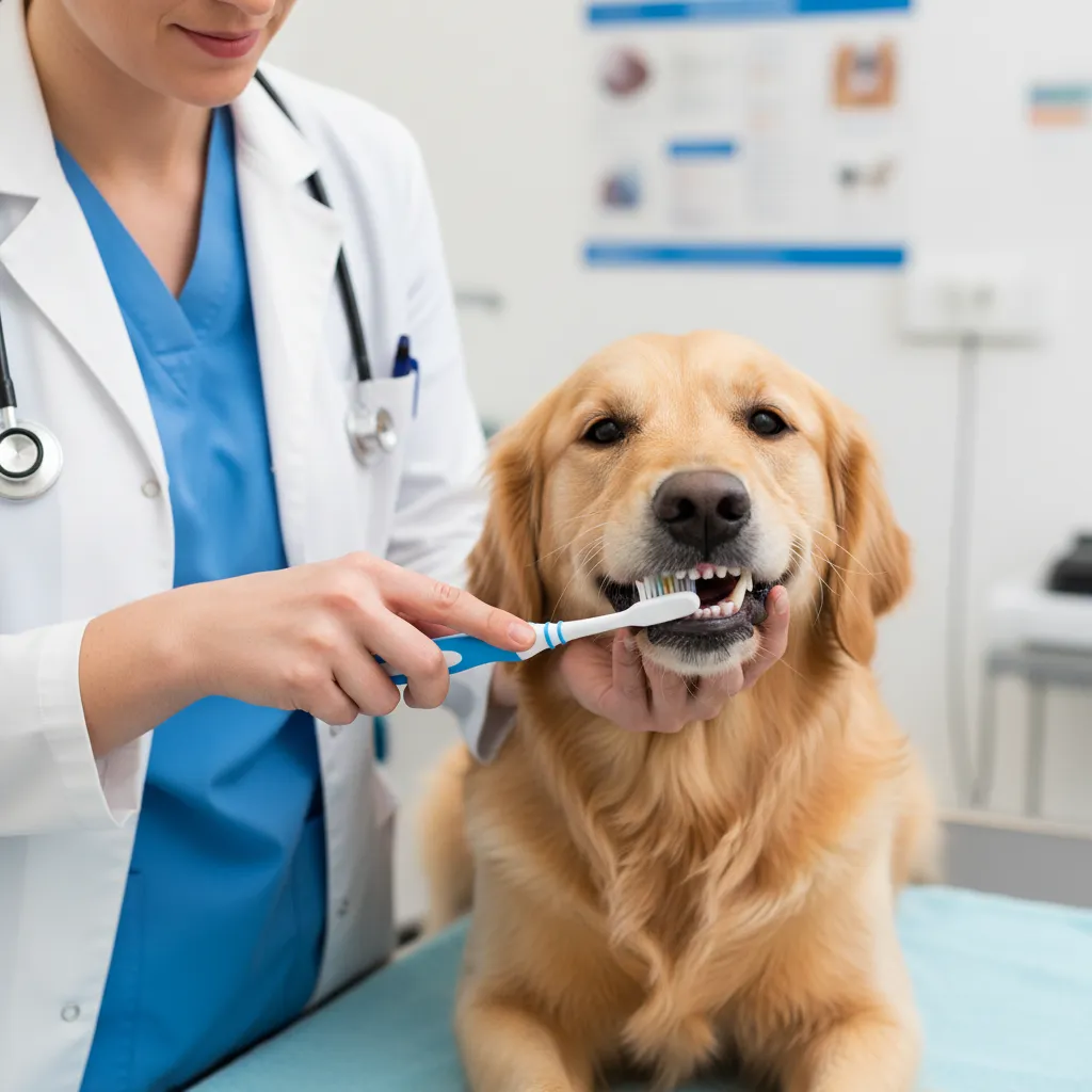 Veterinarian brushing a dog's teeth