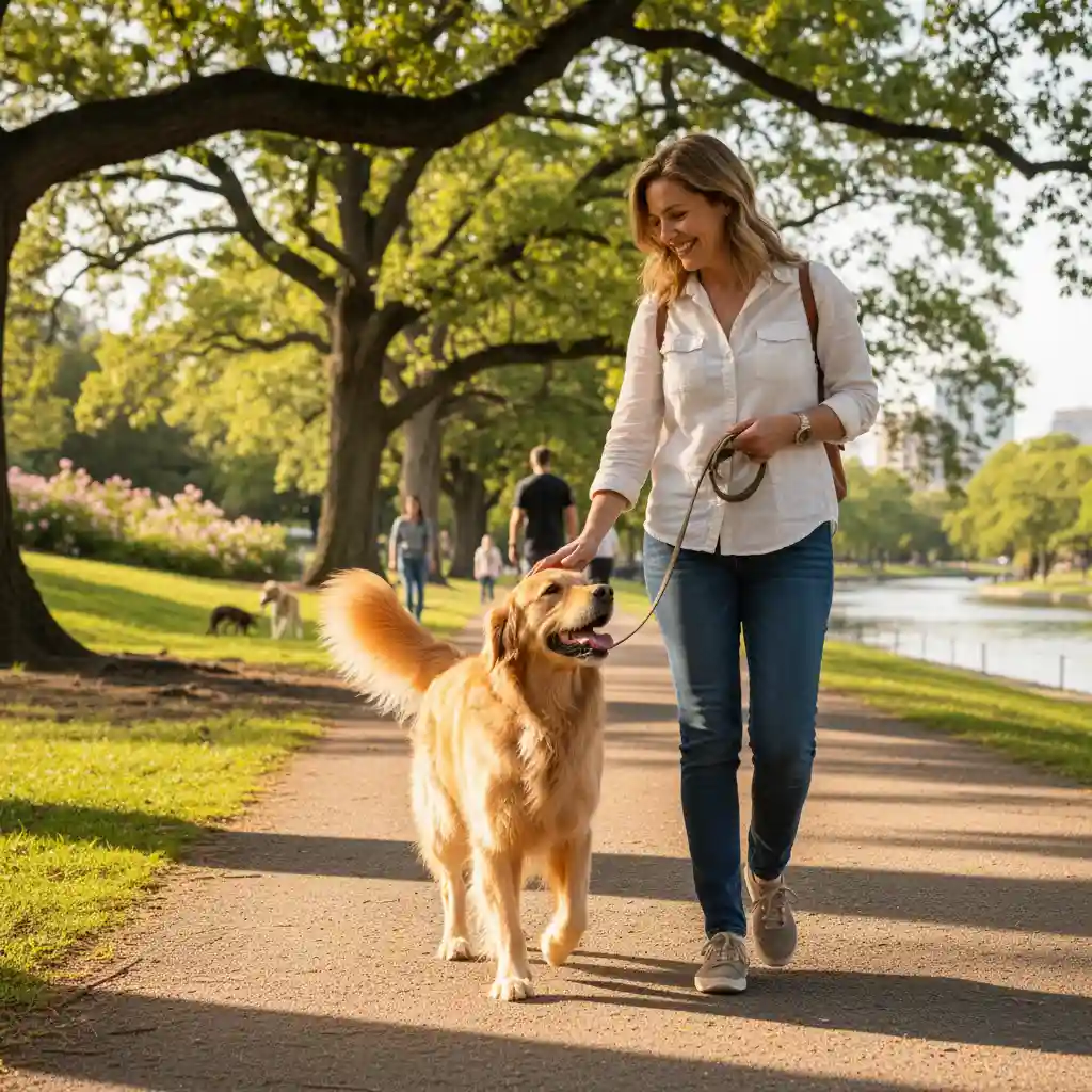 Happy dog and owner enjoying a walk