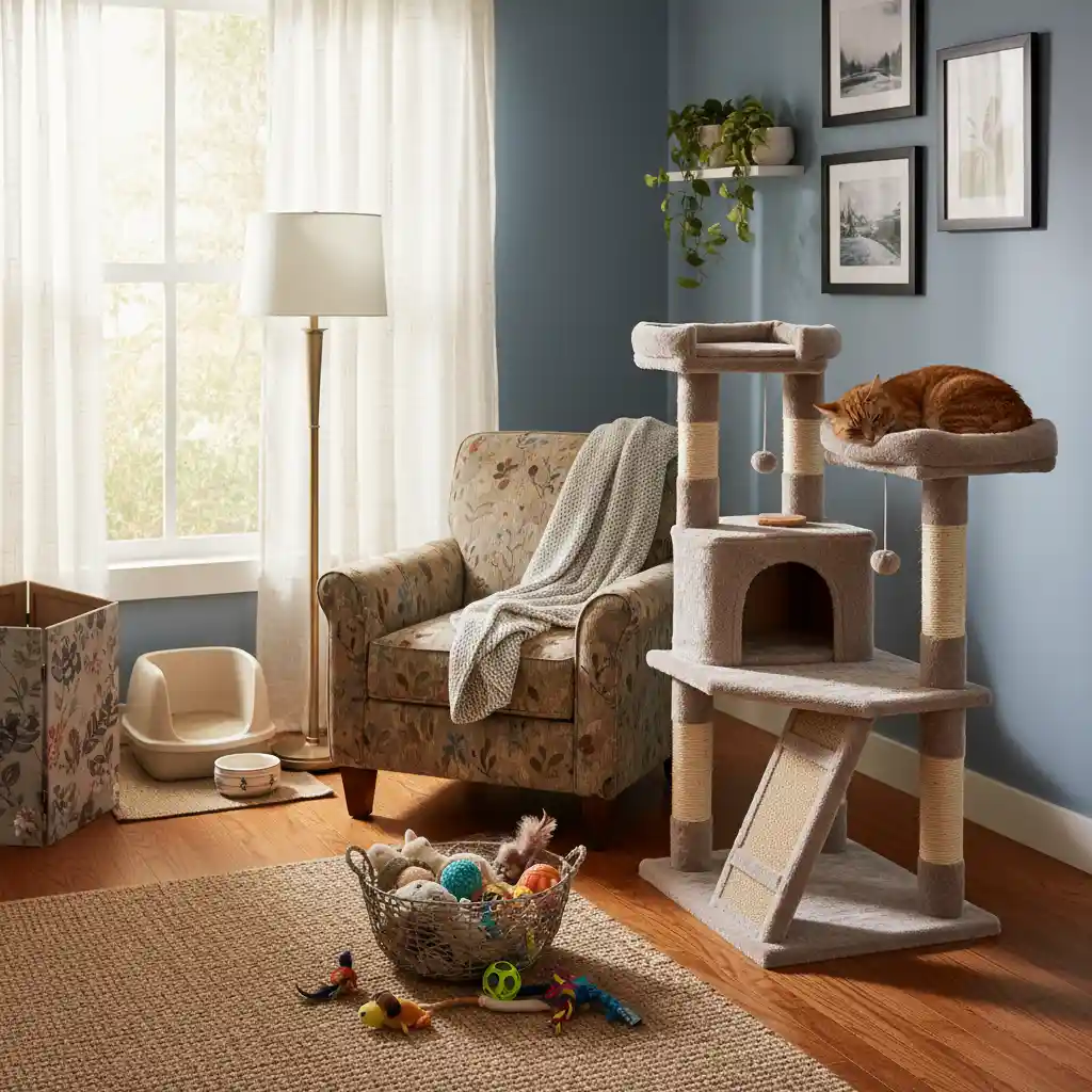 A well-prepared home for a new cat with a cat tree and scratching post.