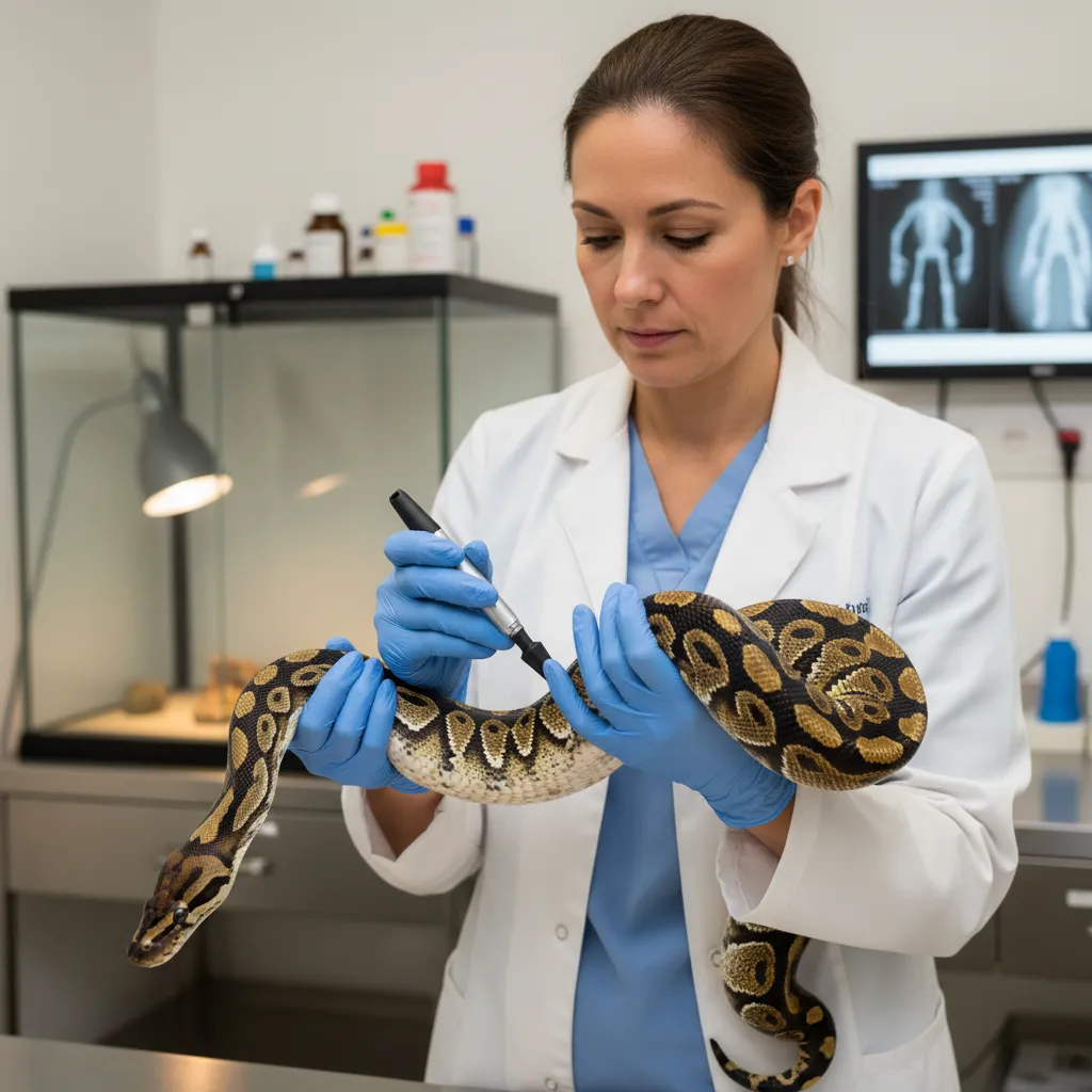 Specialist exotic vet examining a ball python