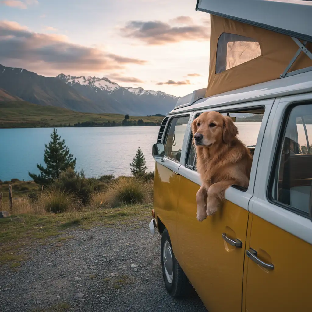 Dog enjoying a campervan trip in New Zealand