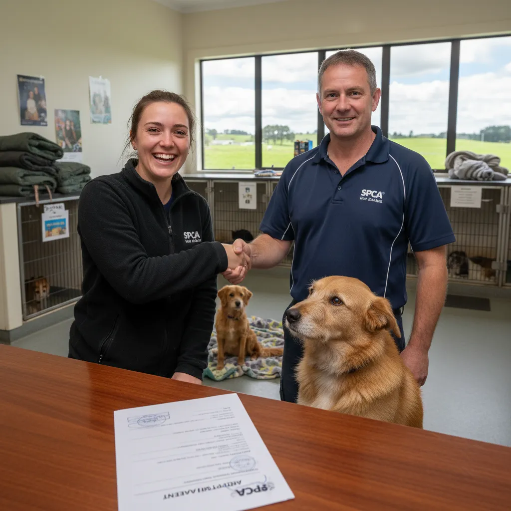 Finalizing pet adoption at a New Zealand rescue centre