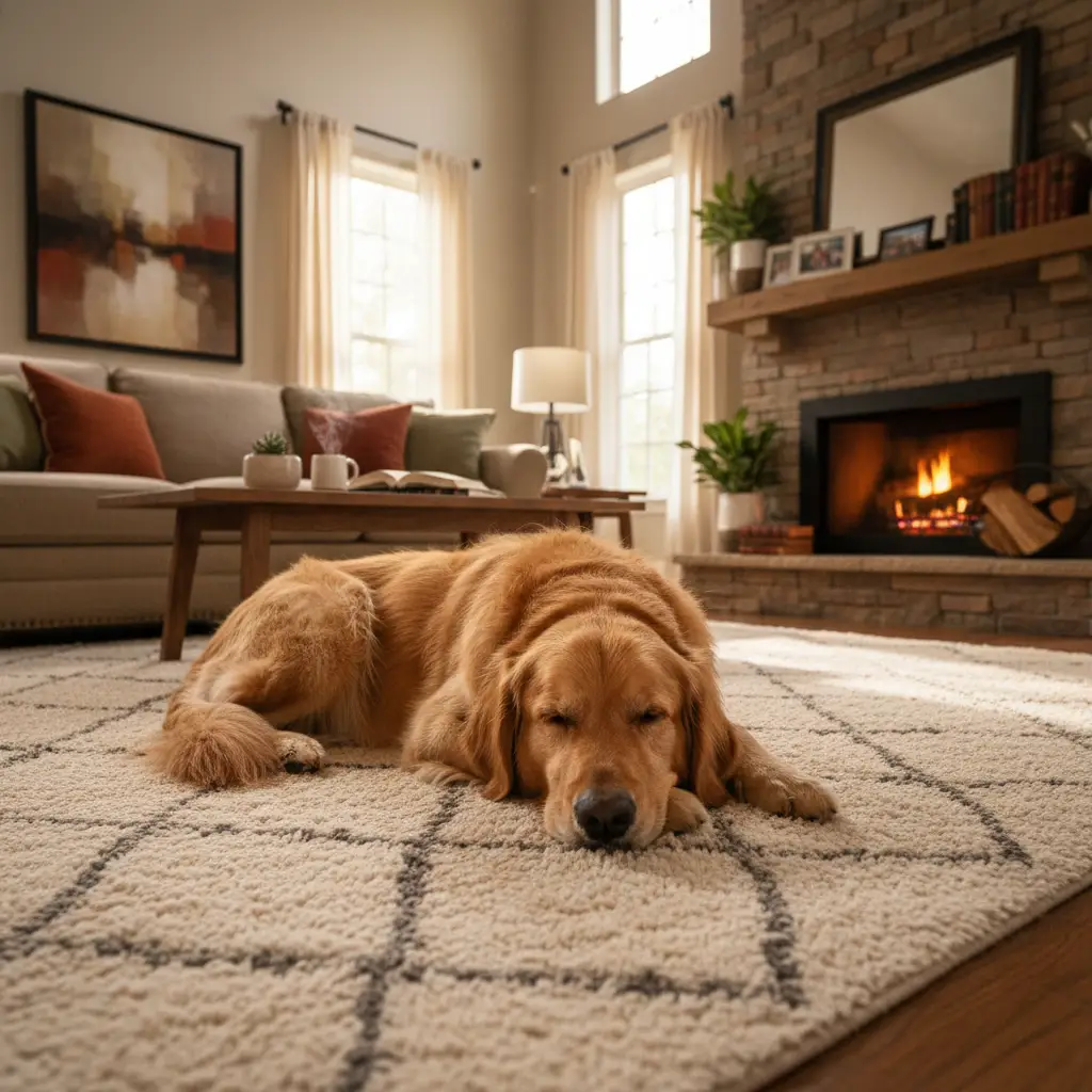 Calm dog in a home environment illustrating home-to-home rehoming benefits