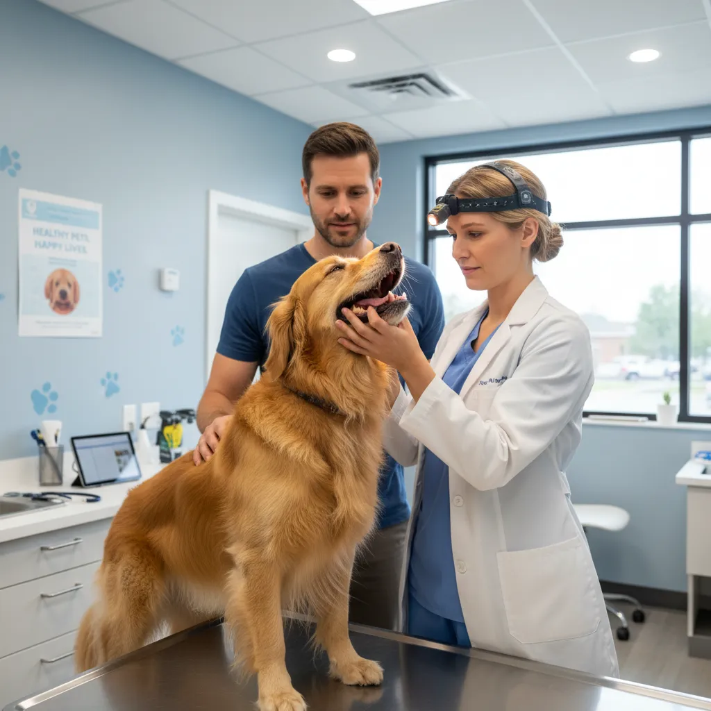 Veterinarian performing a health check on a dog before rehoming