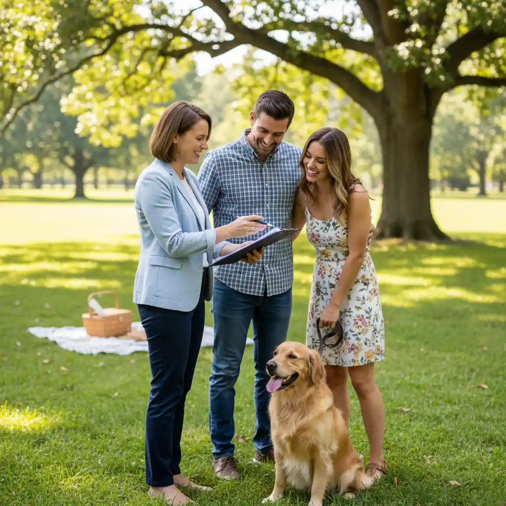 Pet owner conducting a meet and greet with potential adopters in a park