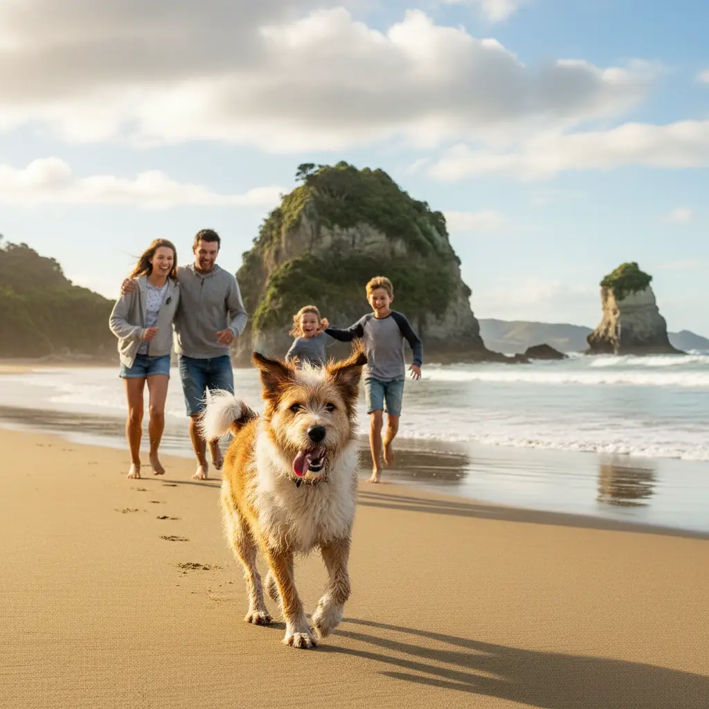 Mixed breed dog playing on a beach