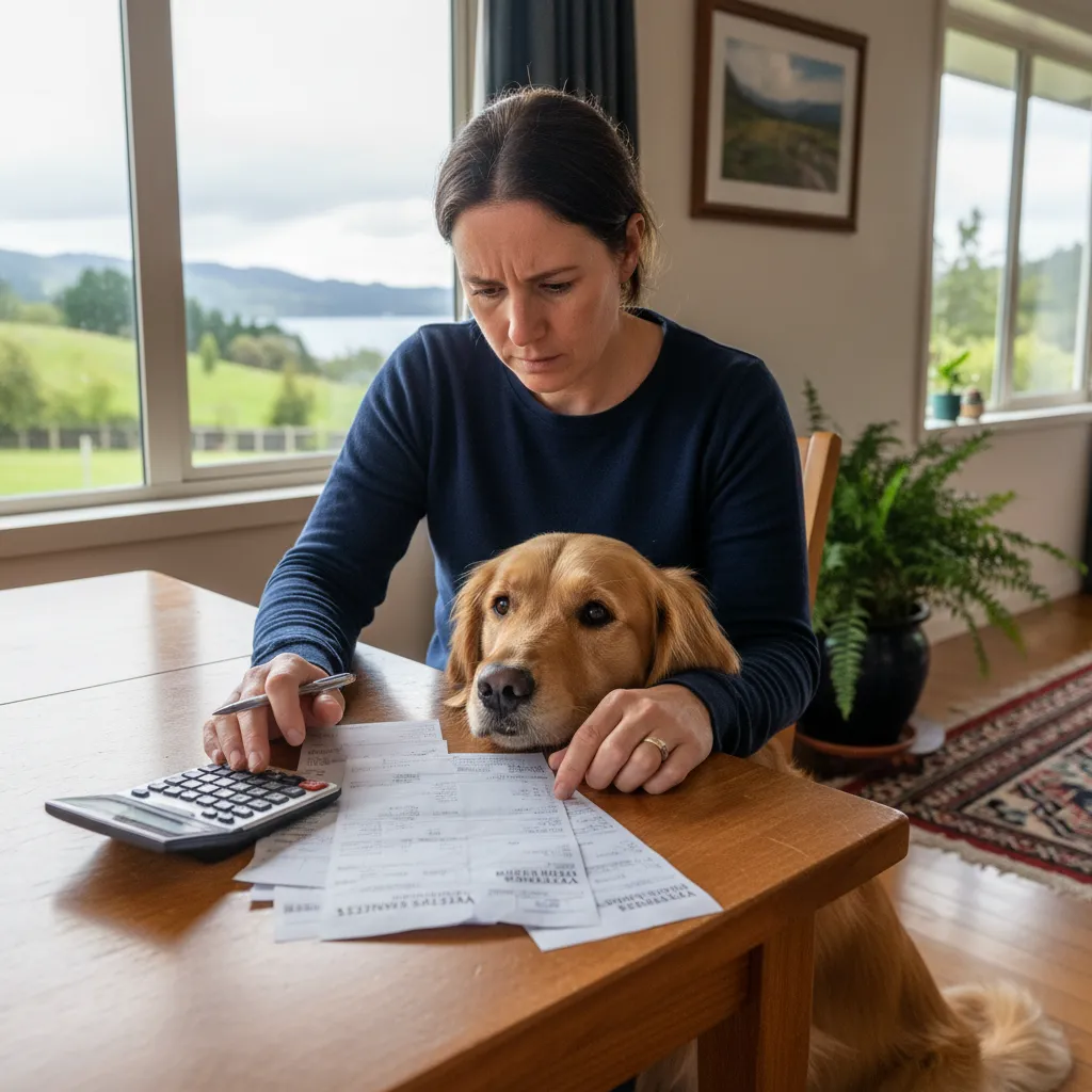 Pet owner calculating veterinary costs in New Zealand