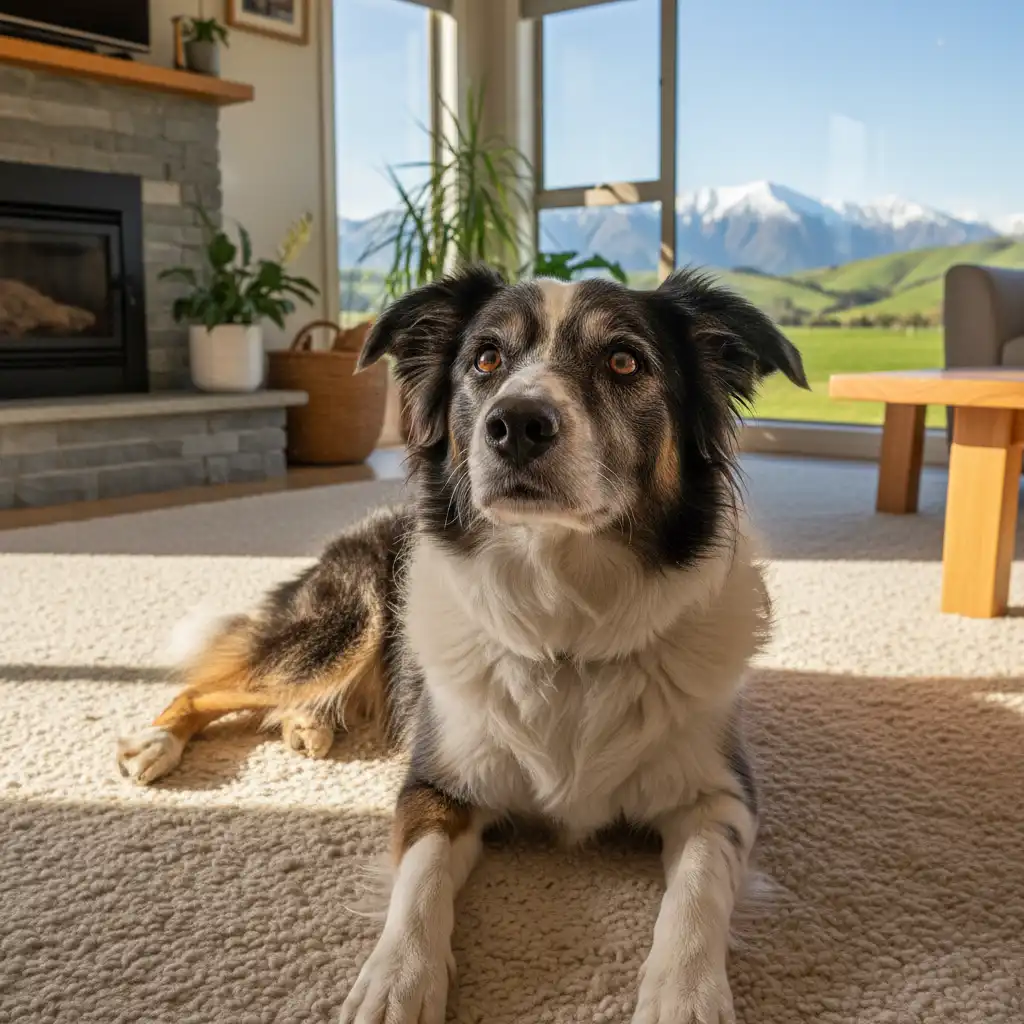 Senior Border Collie resting in a sunny living room