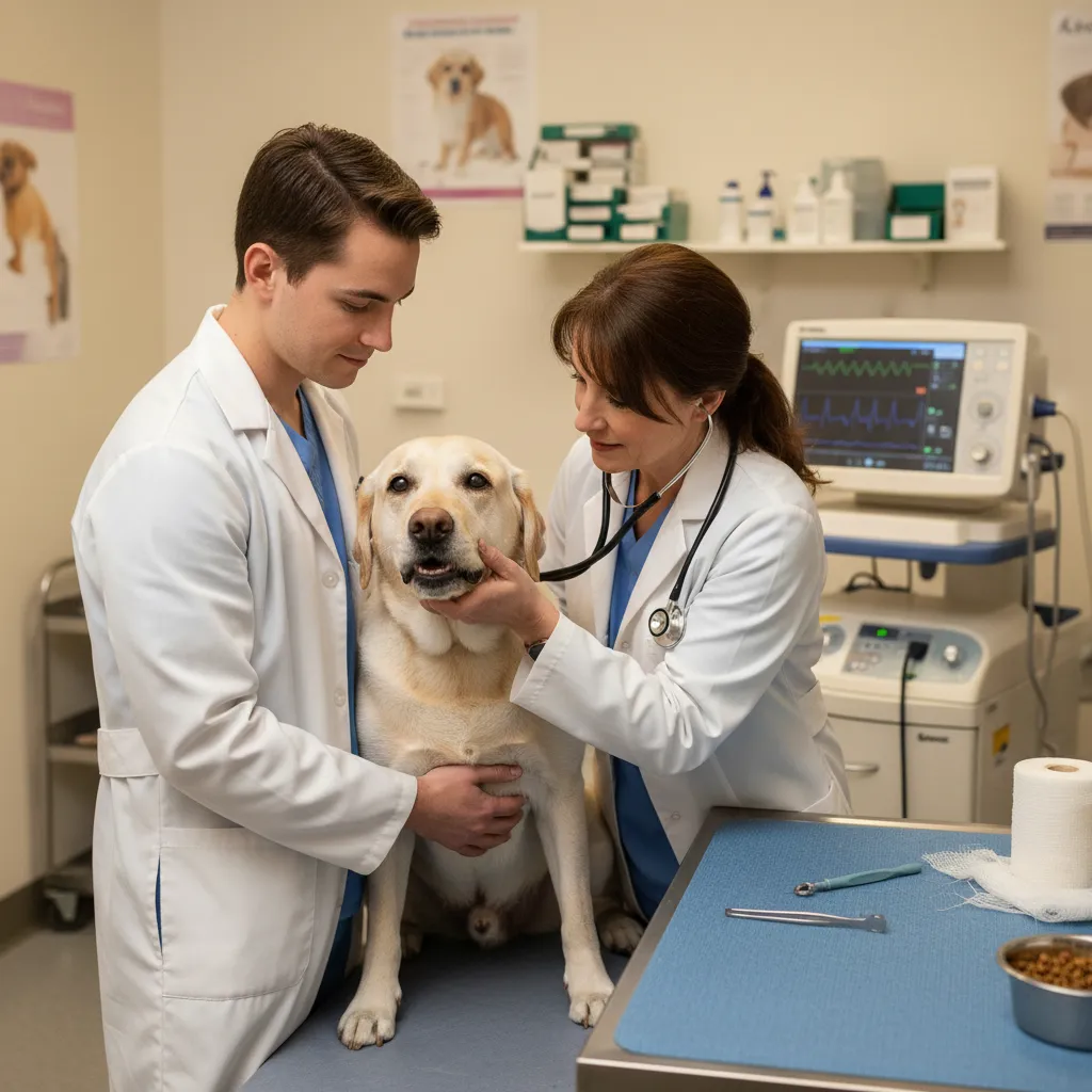 Veterinarian examining a senior dog