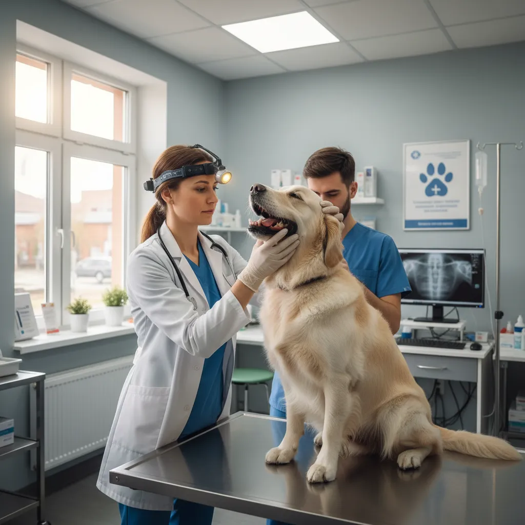 Veterinarian performing a health check on a dog prior to rehoming