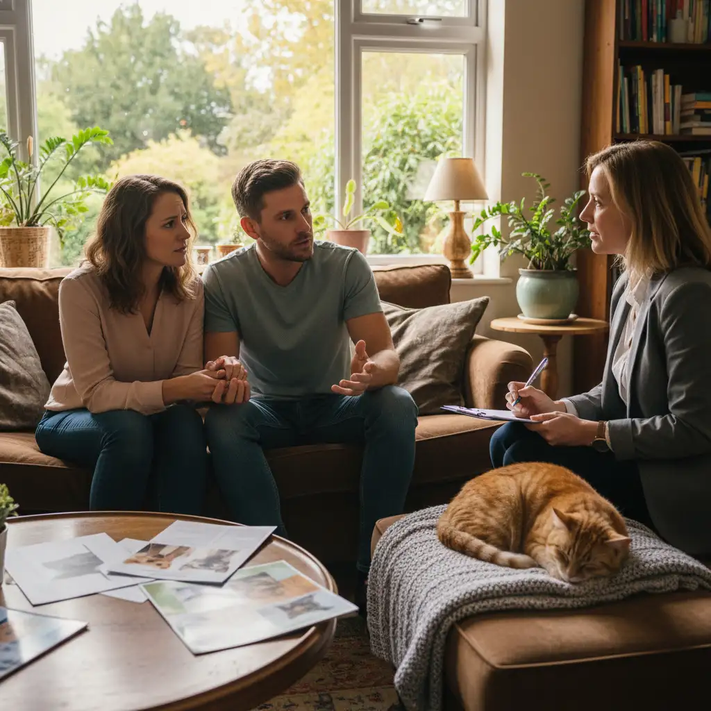 Pet owner interviewing potential adopters in a home setting