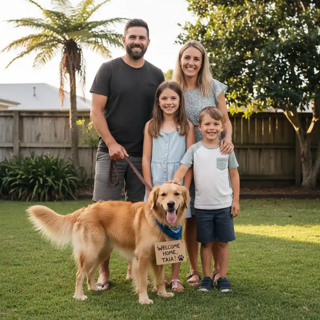 Happy family with adopted dog