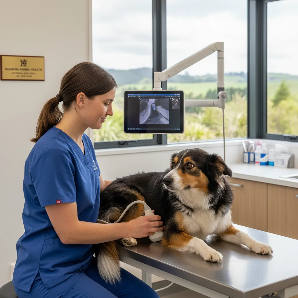 Veterinarian performing an advanced health check on a rescue dog