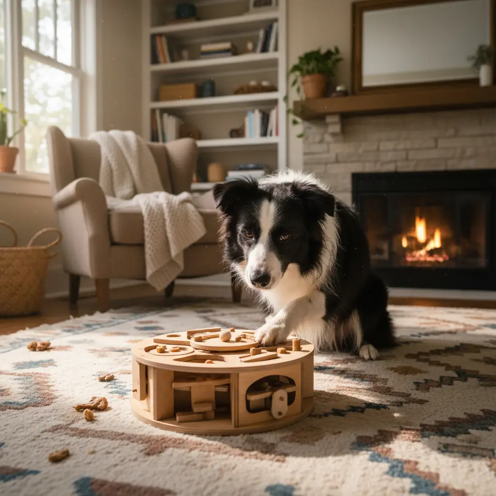 Border Collie using a mental enrichment puzzle toy