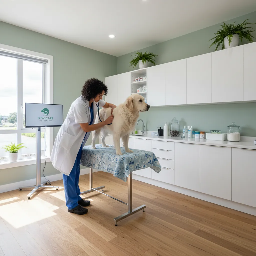 Veterinarian performing a health check on a dog in a clinic