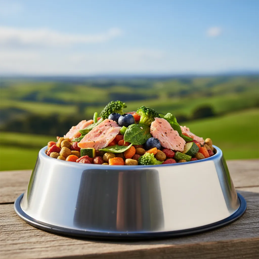 Premium dog food bowl with fresh ingredients