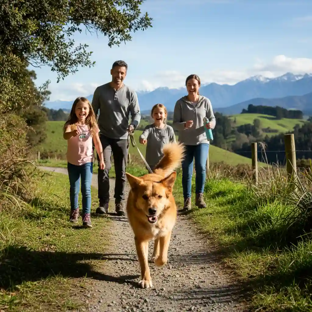 Healthy rescue dog hiking in NZ