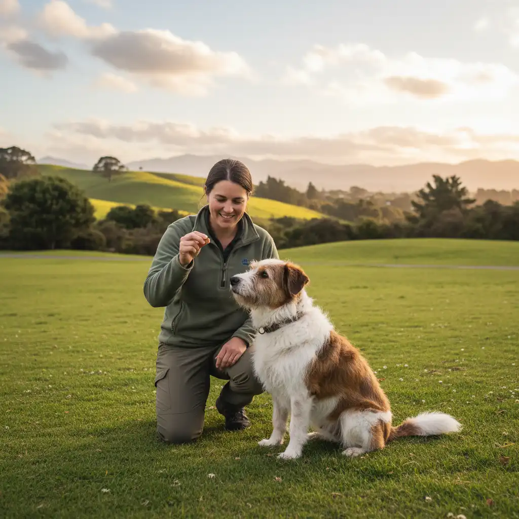 Positive reinforcement dog training session in a park