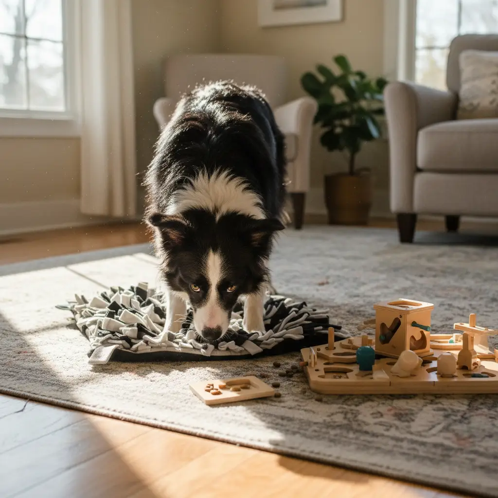 Dog using mental enrichment puzzle toys