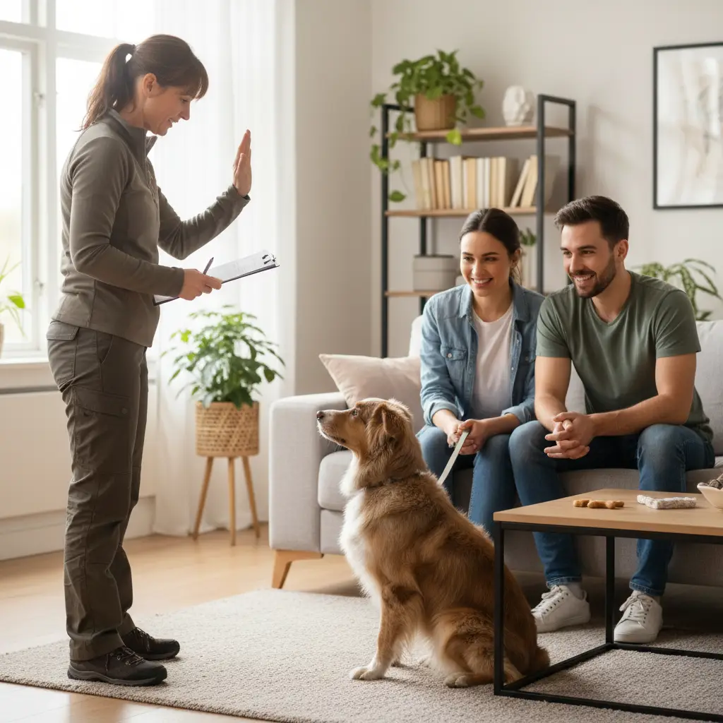 Professional dog trainer consulting with owners