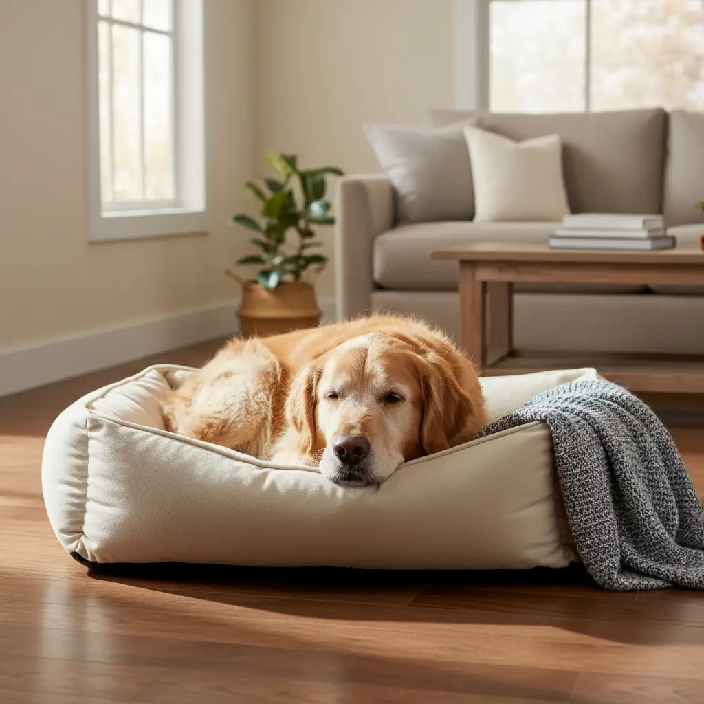 Senior Golden Retriever resting on an orthopedic bed