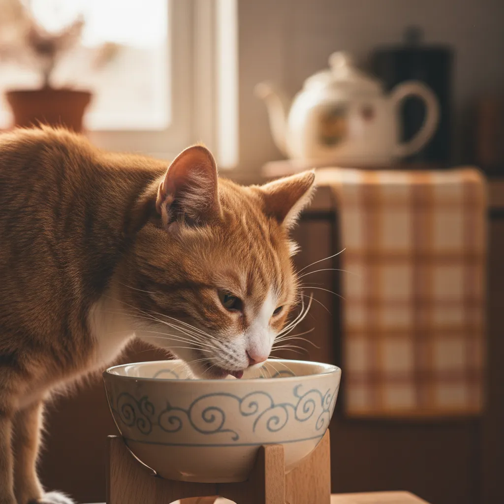 Senior cat eating from a raised bowl