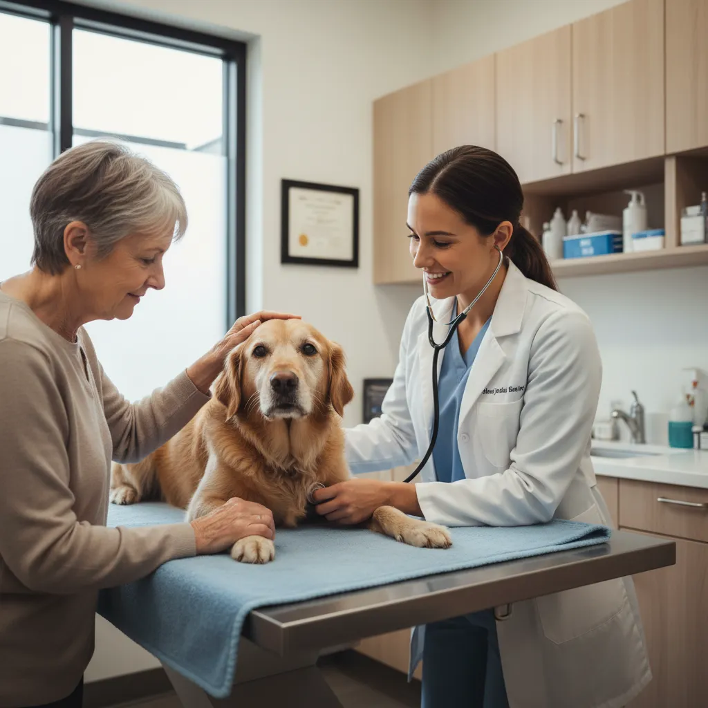 Veterinarian examining a senior dog